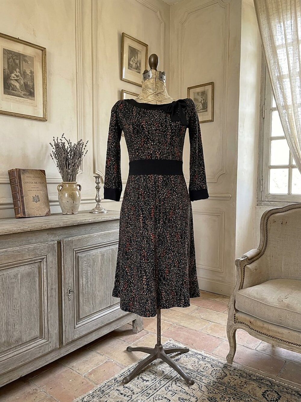 Rabbit Rabbit Rabbit Designs Confetti Knit Dress Black Fit Flare Bow Accent.